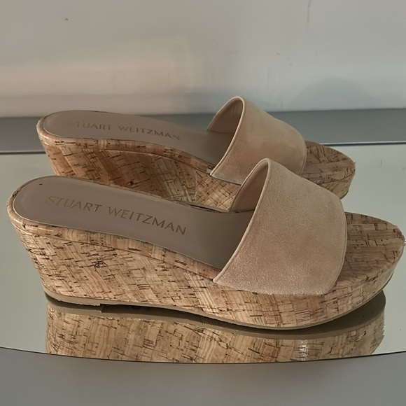 STUART WEITZMAN Summer Wedge Women’s size 10 Tan Suede Platform Slide Sandals - Picture 2 of 16